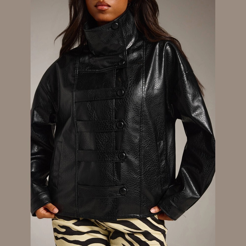 Black Faux Leather Military Button Trim Oversized Collar Jacket